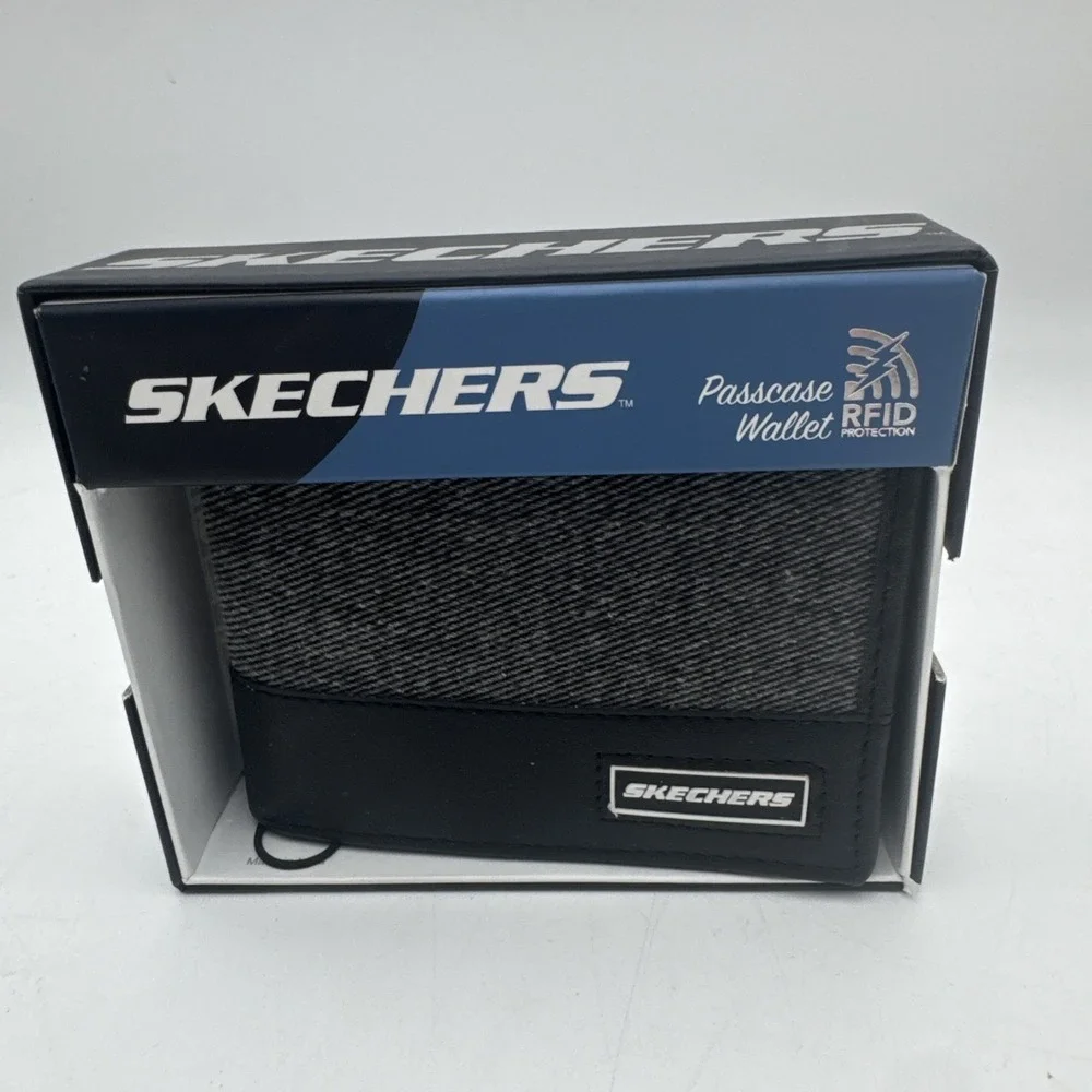 Skechers Twill Passcase Bifold Wallet Vegan‎ Leather Trim RFID Protection